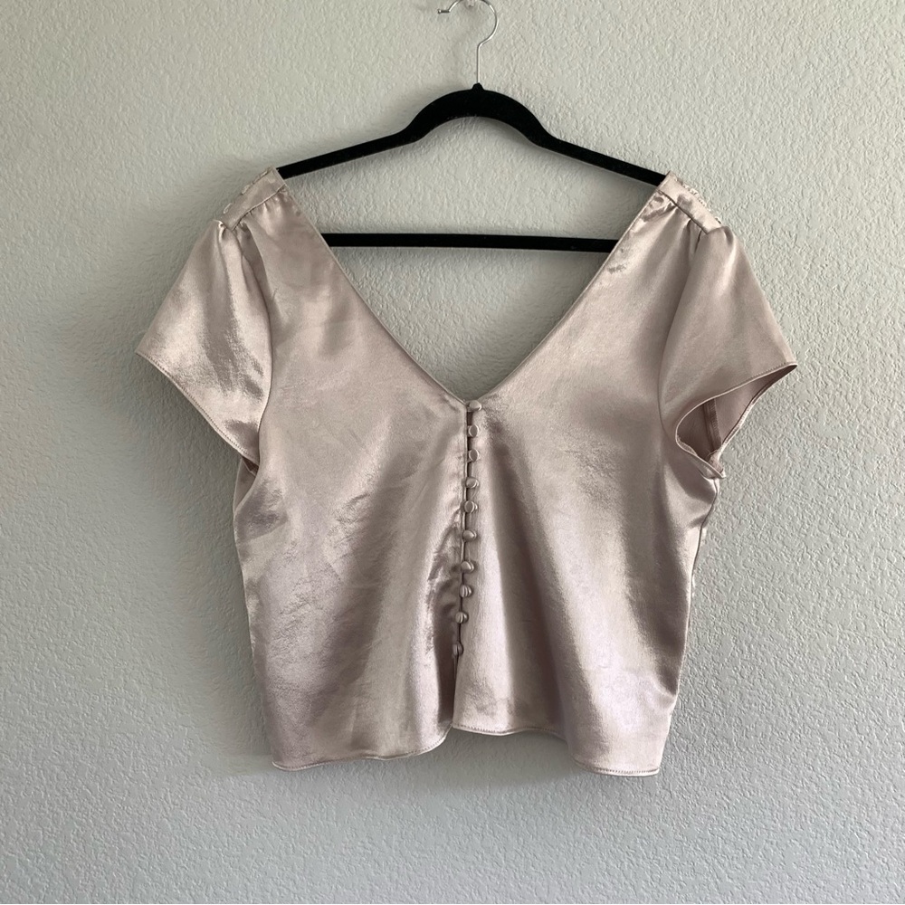 Zara Satin Blush Button-Front V-Neck Short Sleeve Blouse